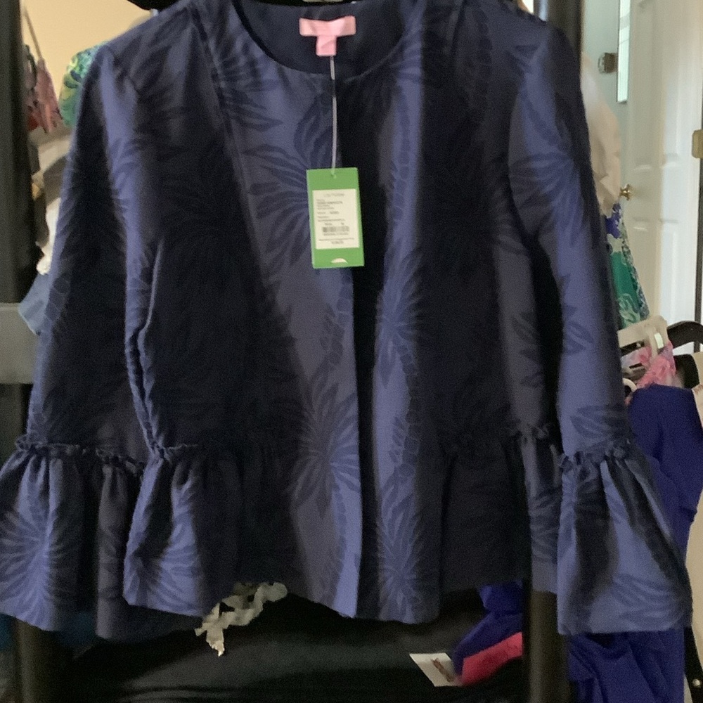 Lilly Pulitzer True Navy Shaylee Jacket, medium, New, Palm Paradise Puckered, Ja